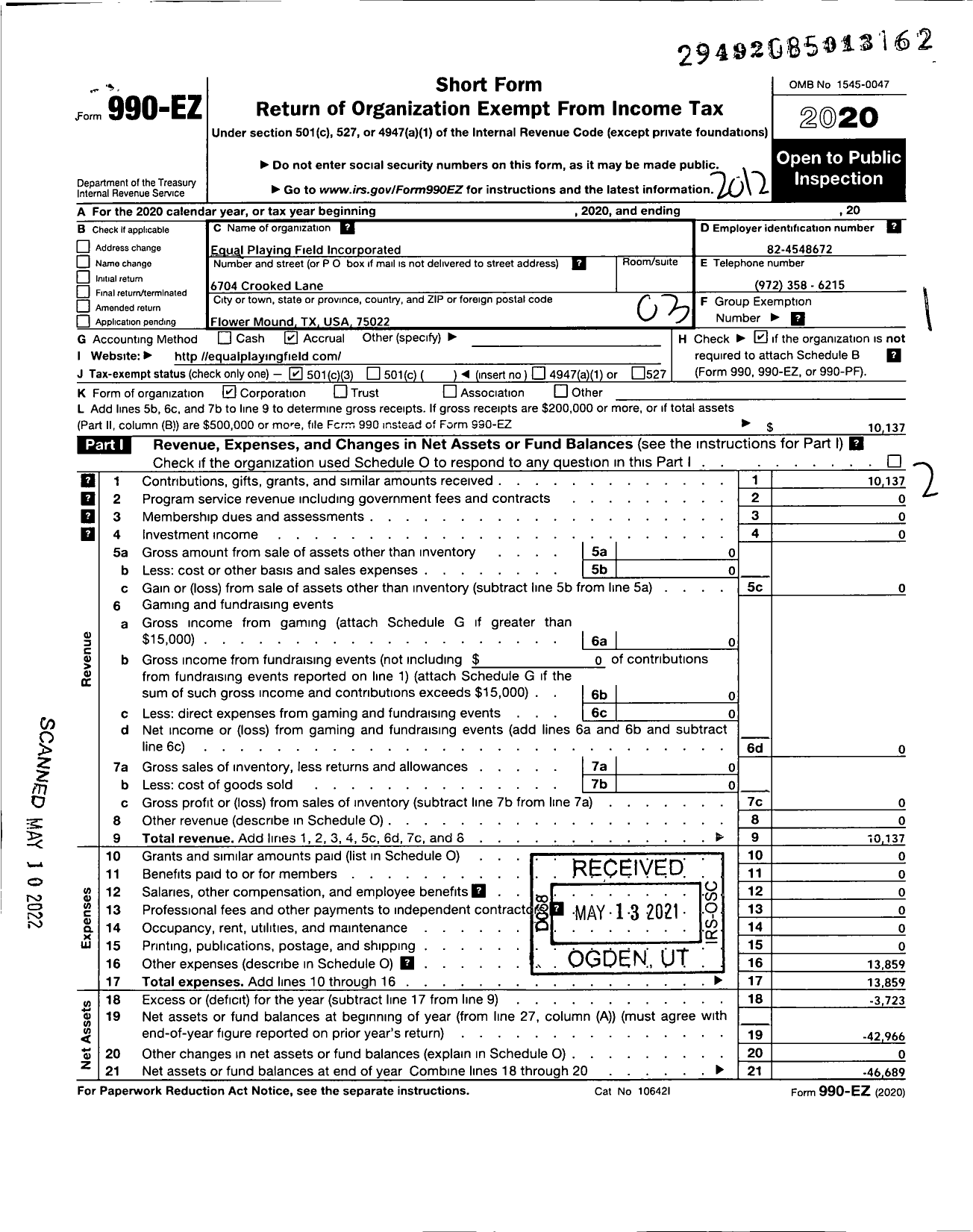 Image of first page of 2020 Form 990EZ for Equal Playing Field