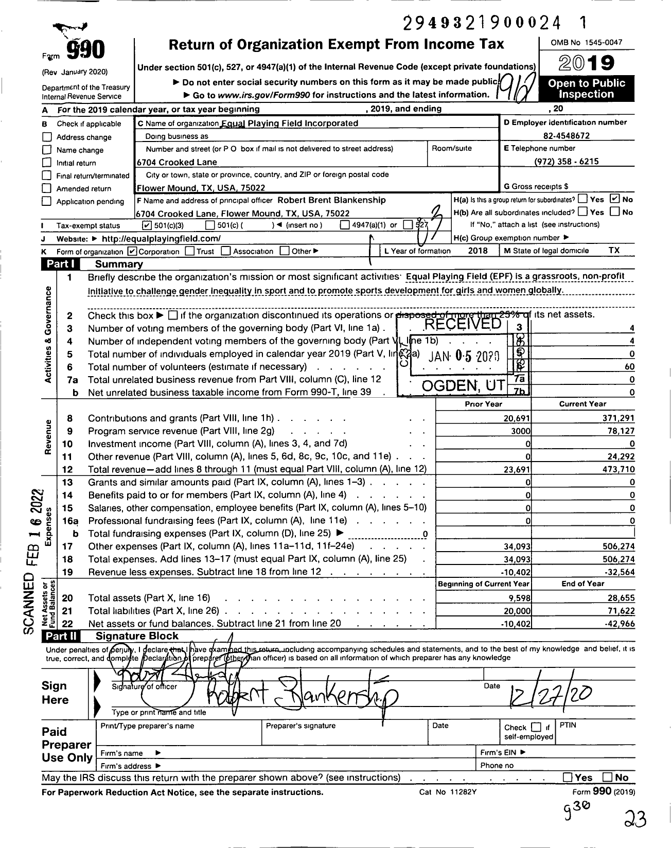 Image of first page of 2019 Form 990 for Equal Playing Field