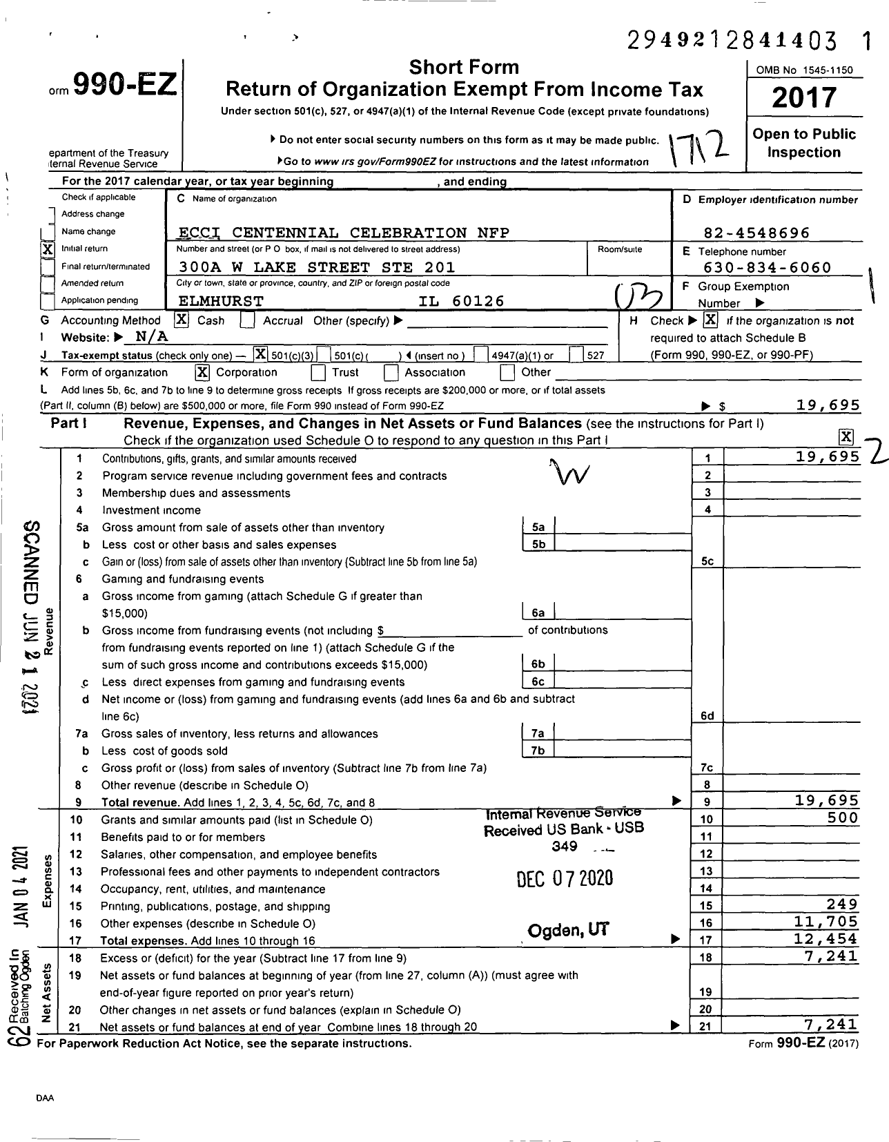 Image of first page of 2017 Form 990EZ for Ecci Centennial Celebration NFP