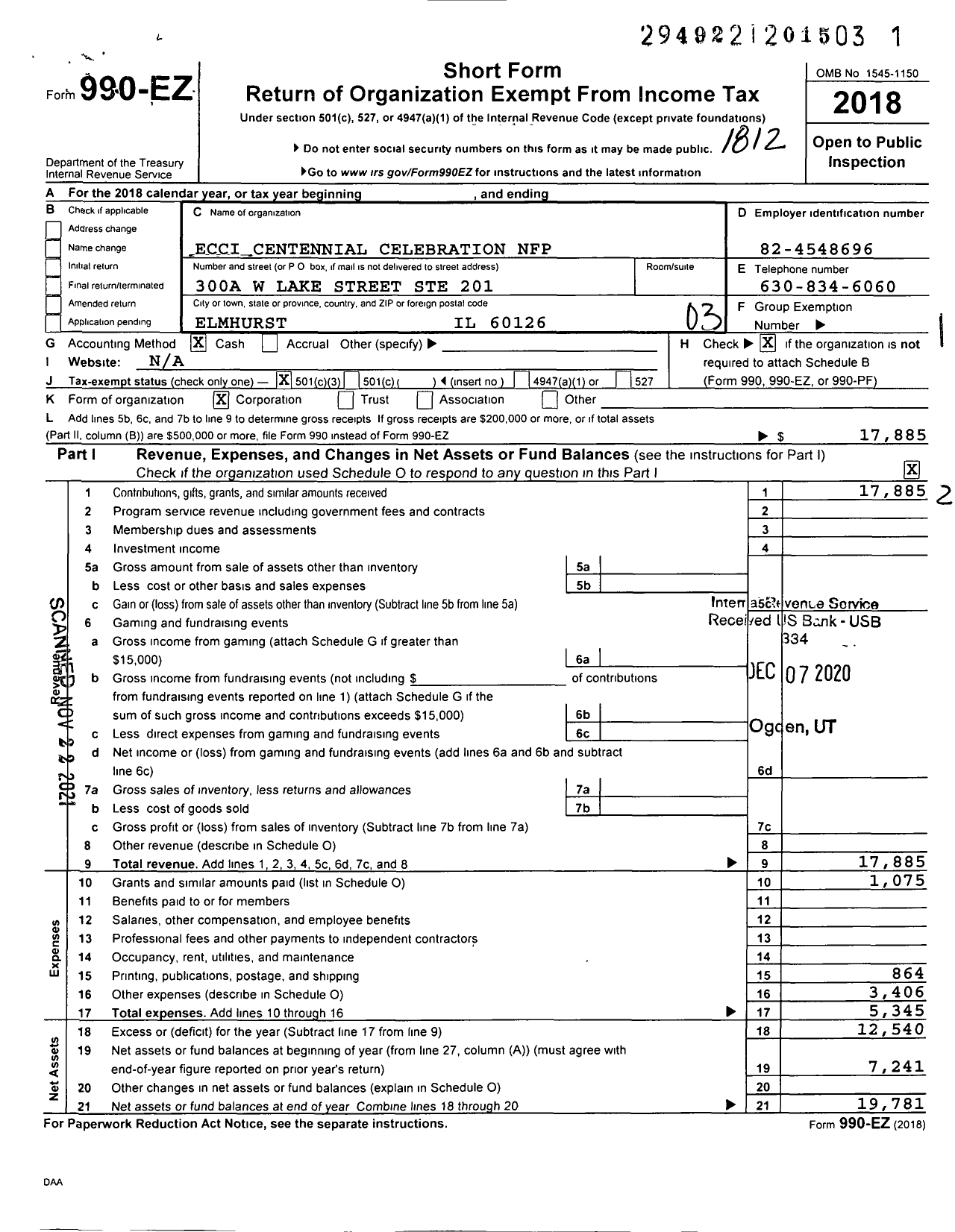 Image of first page of 2018 Form 990EZ for Ecci Centennial Celebration NFP