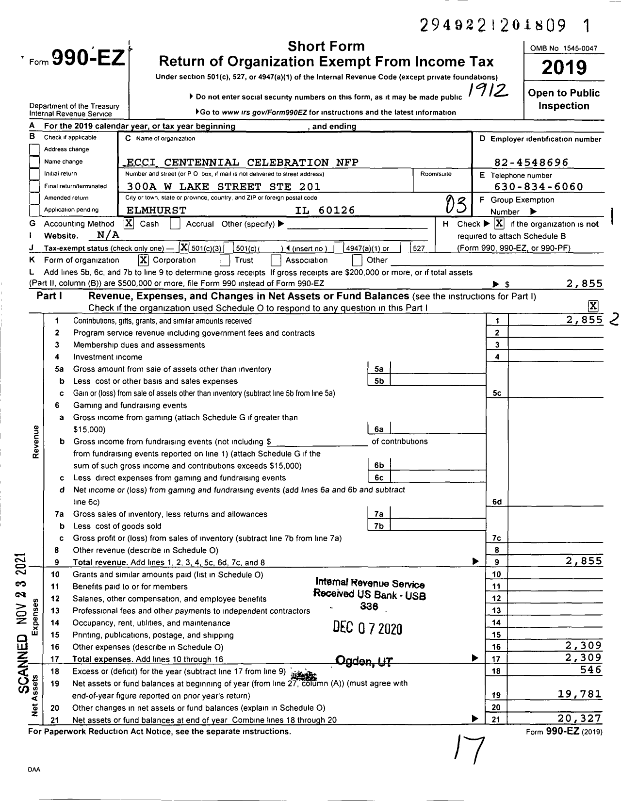 Image of first page of 2019 Form 990EZ for Ecci Centennial Celebration NFP