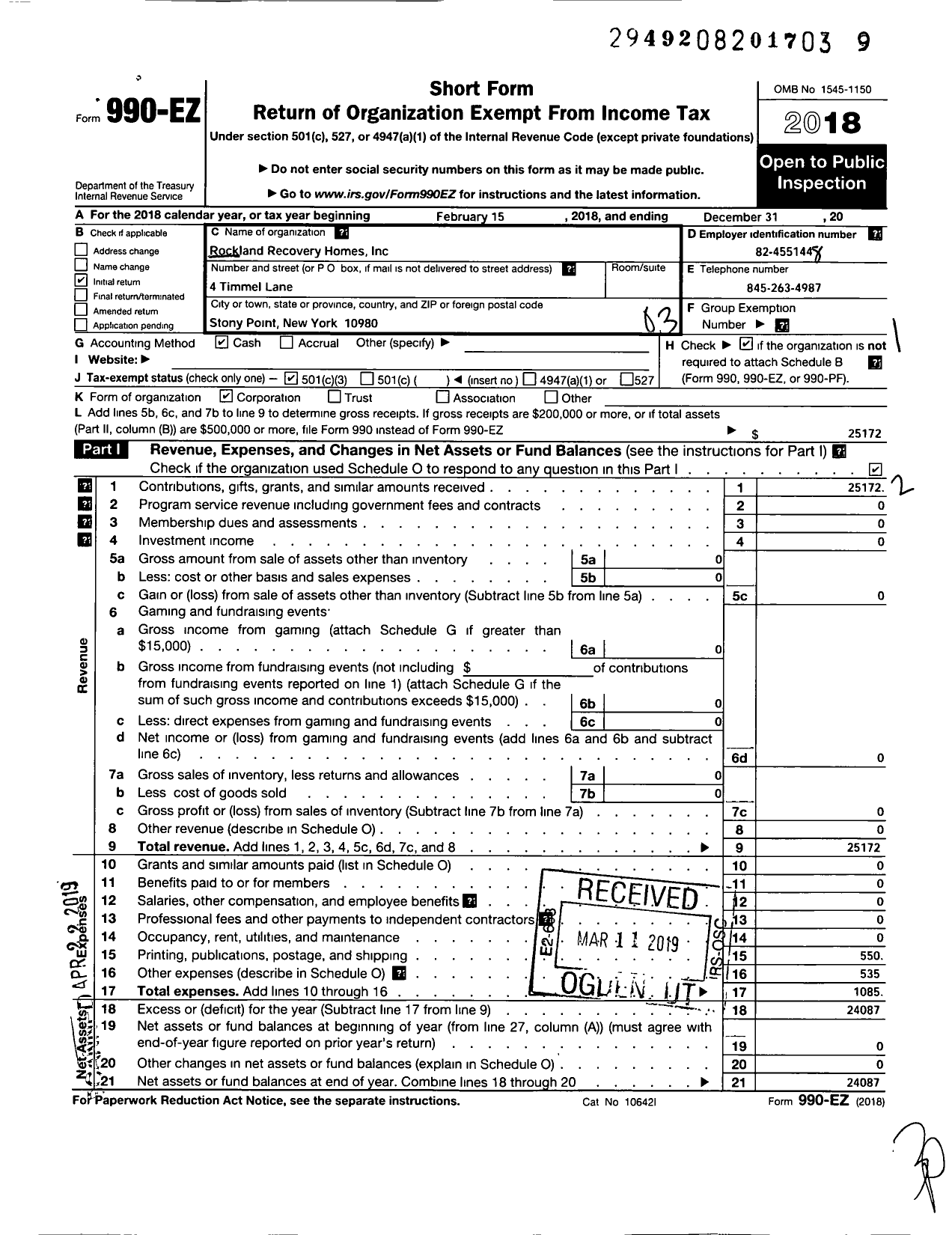 Image of first page of 2018 Form 990EZ for Rockland Recovery Homes