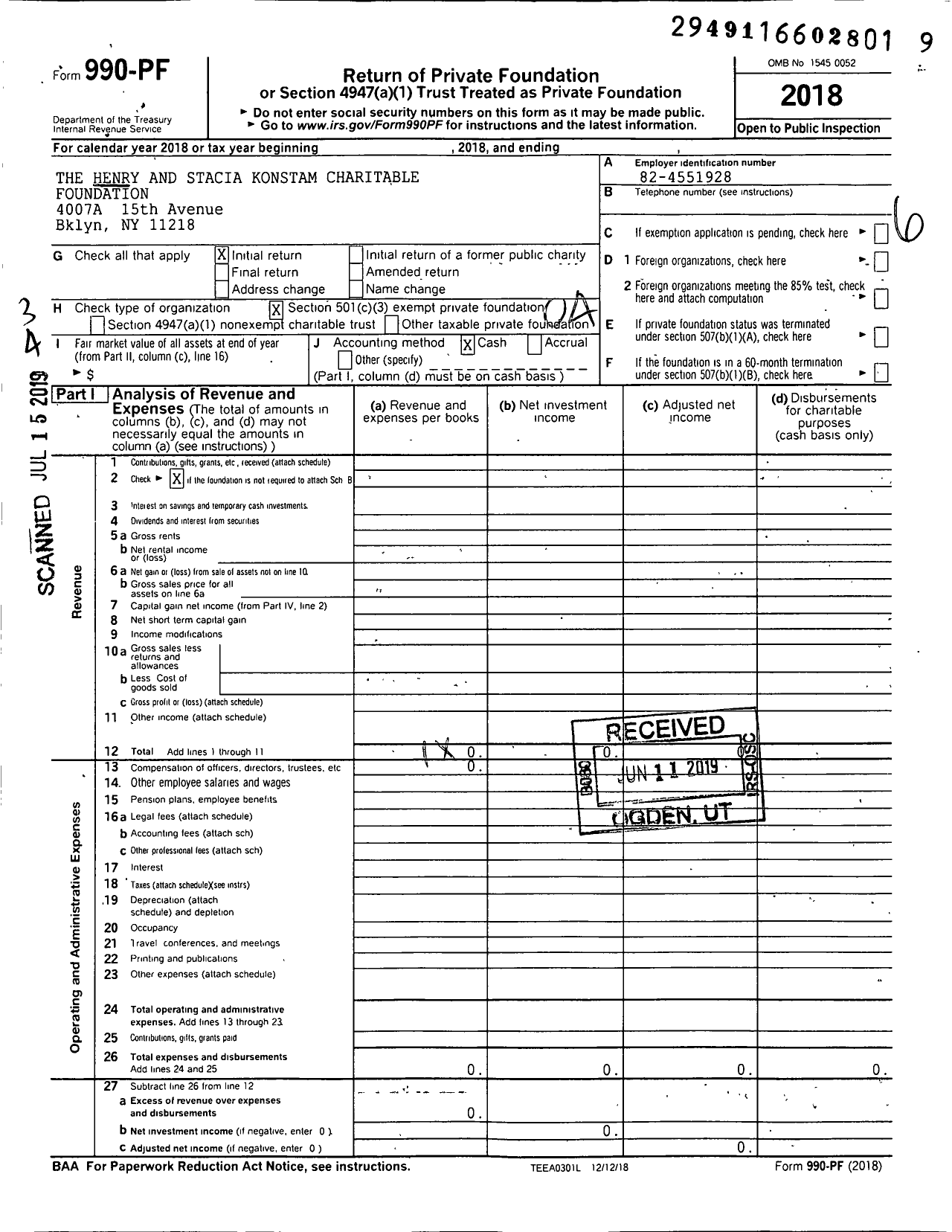 Image of first page of 2018 Form 990PF for The Henry and Stacia Konstam Charitable Foundation