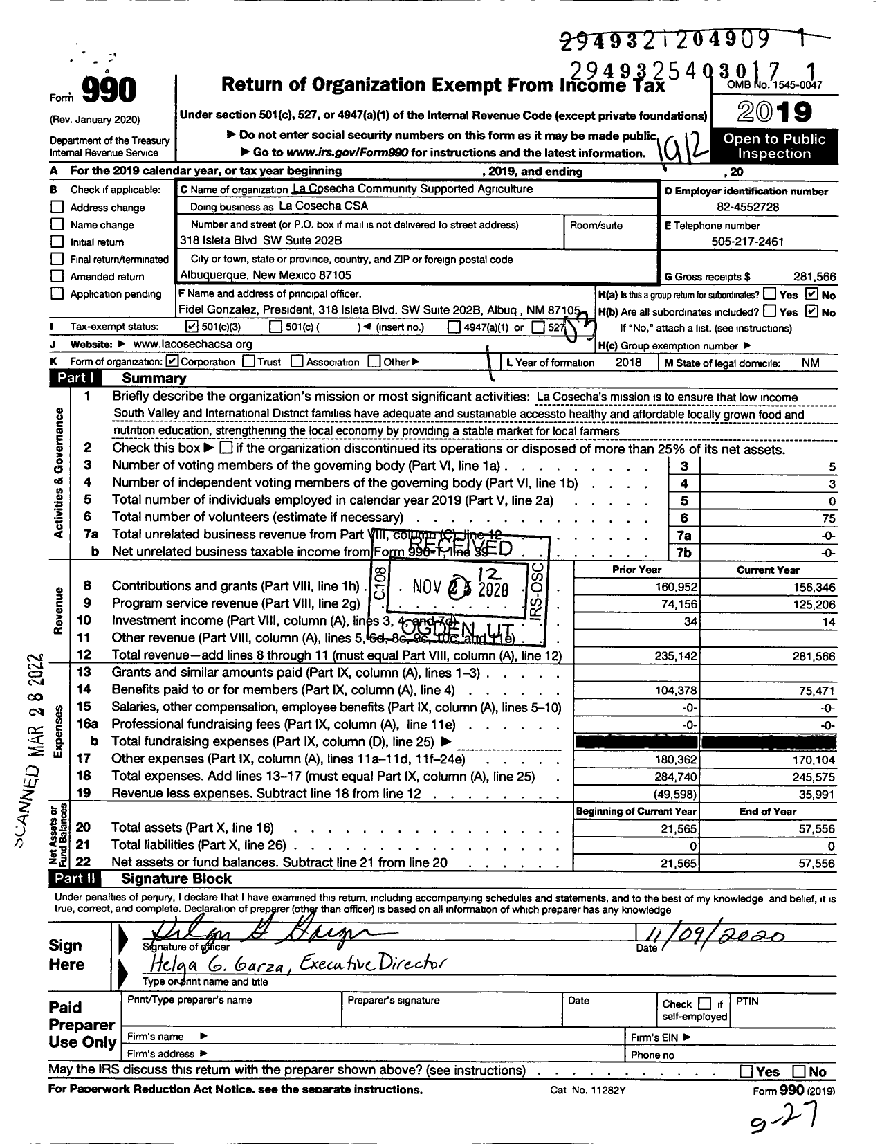 Image of first page of 2019 Form 990 for La Cosecha CSA