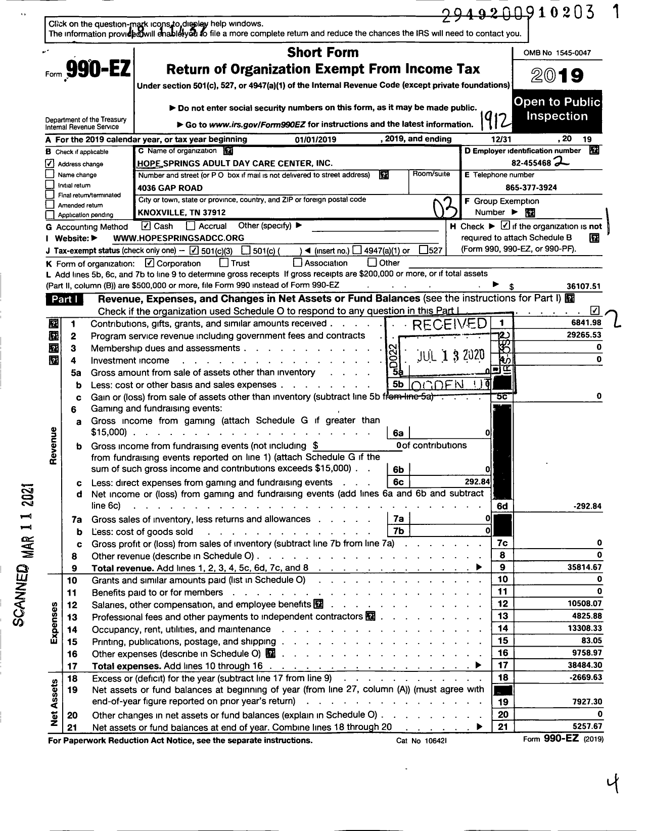 Image of first page of 2019 Form 990EZ for Hope Springs Adult Day Care Center