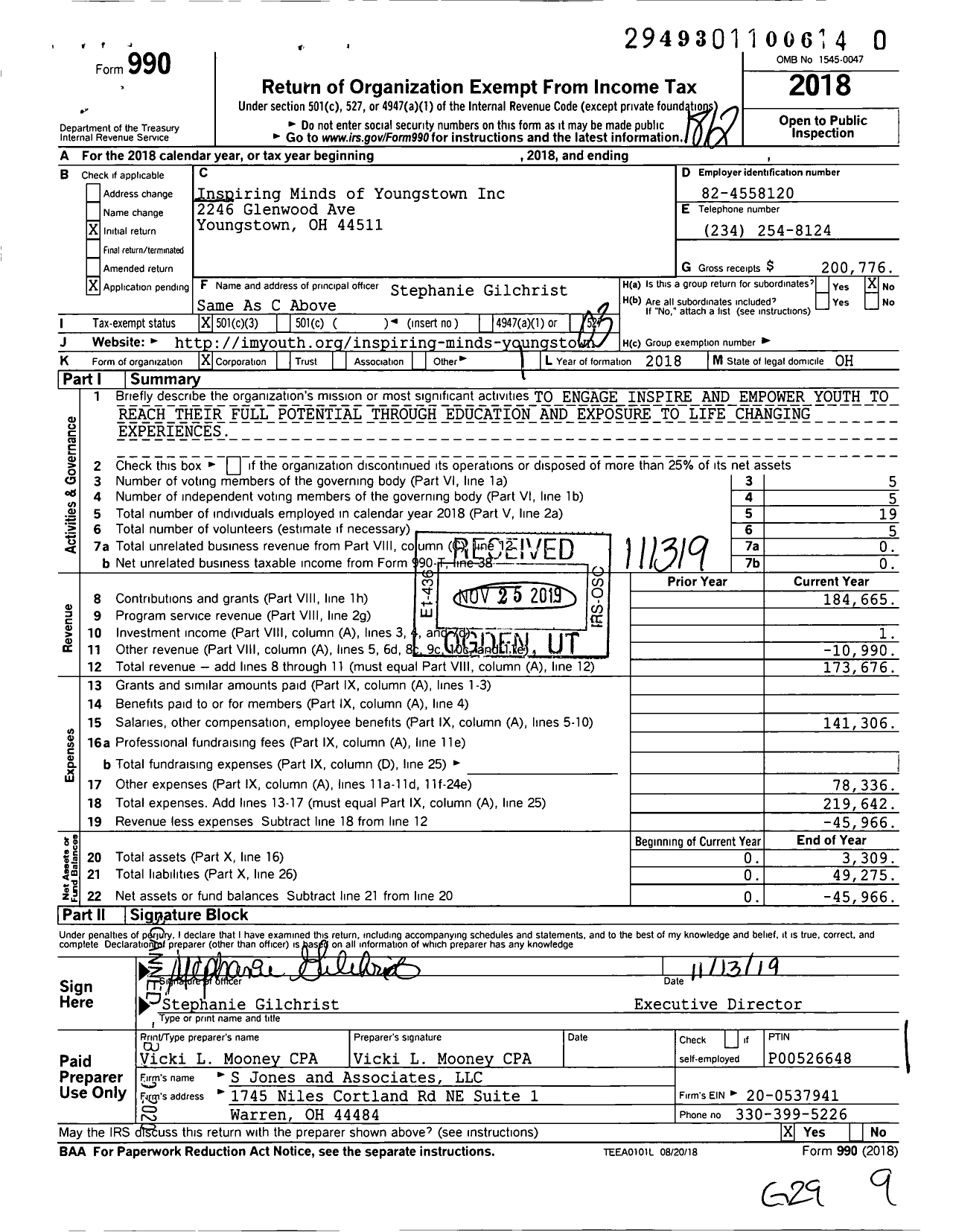 Image of first page of 2018 Form 990 for Inspiring Minds of Youngstown