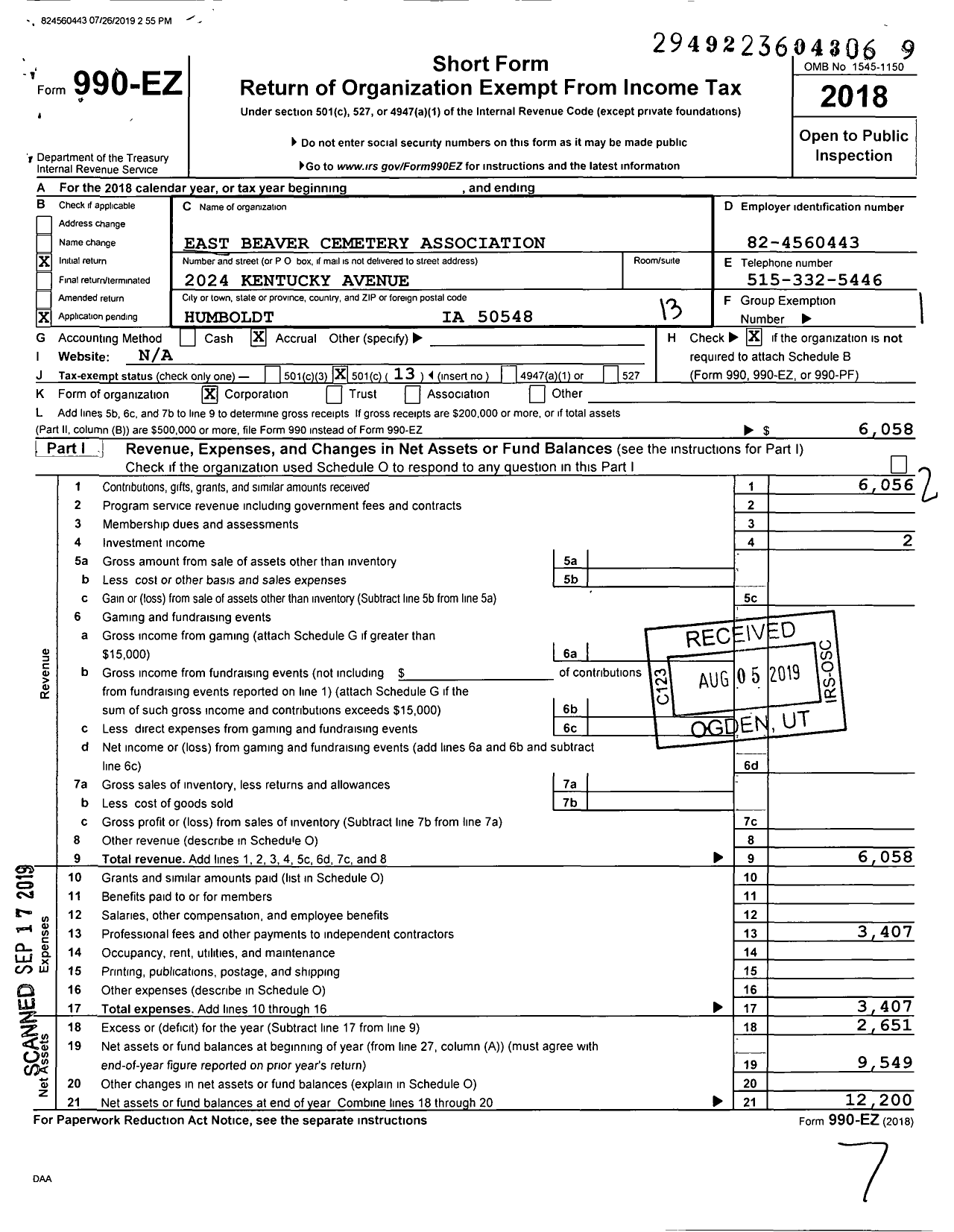 Image of first page of 2018 Form 990EO for East Beaver Cemetery Association