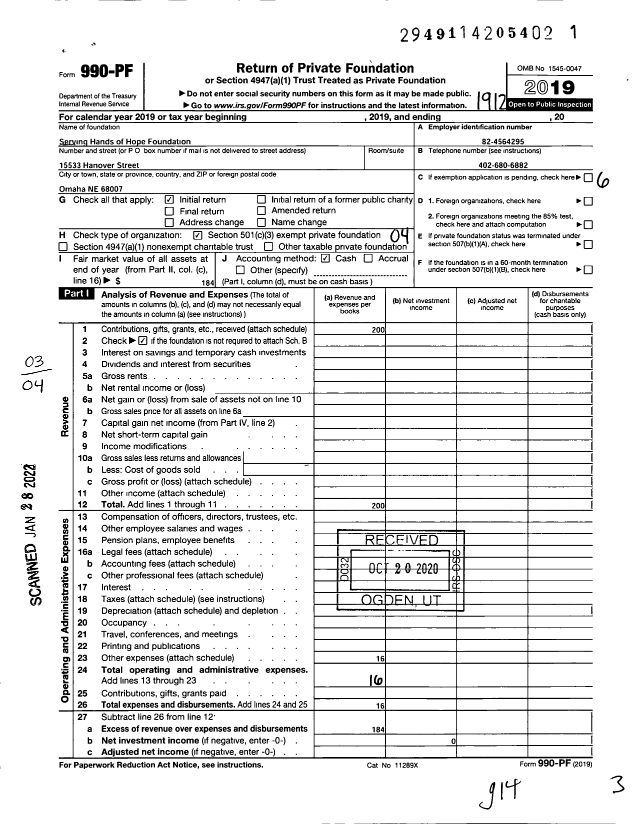 Image of first page of 2019 Form 990PF for Serving Hands of Hope Foundation