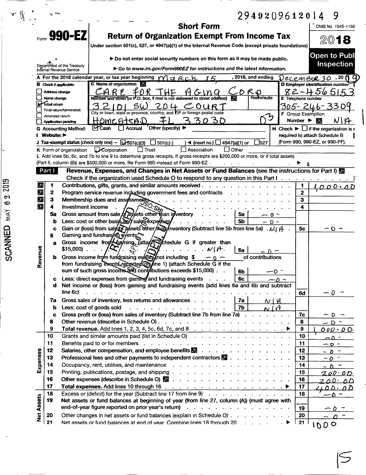 Image of first page of 2018 Form 990EZ for Care for the Aging