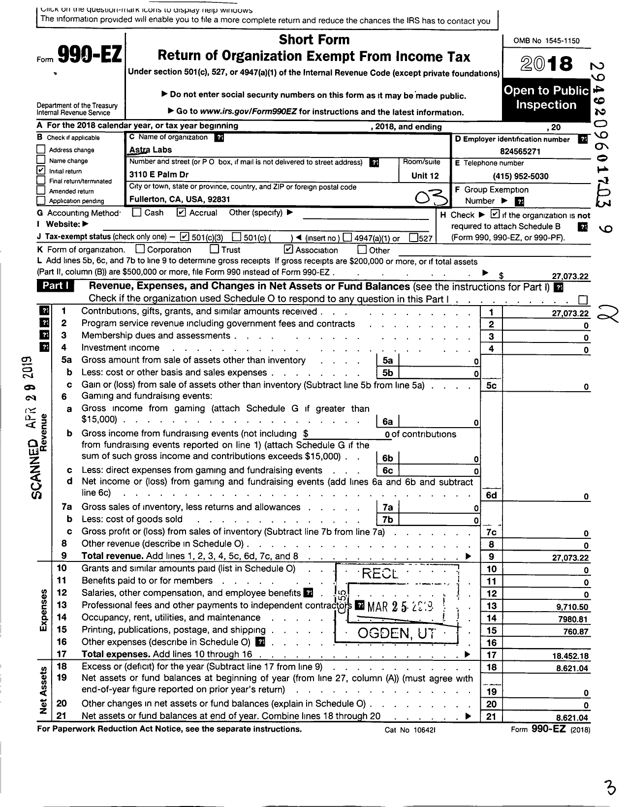 Image of first page of 2018 Form 990EZ for Astra Labs