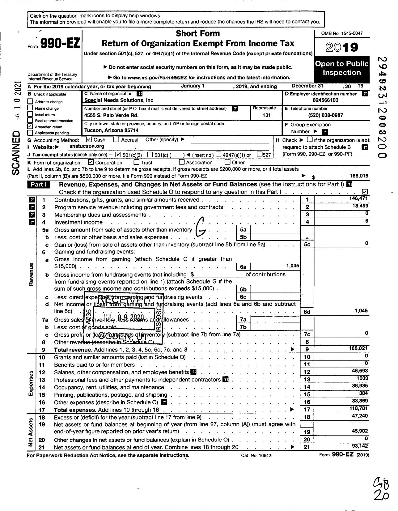 Image of first page of 2019 Form 990EZ for Special Needs Solutions