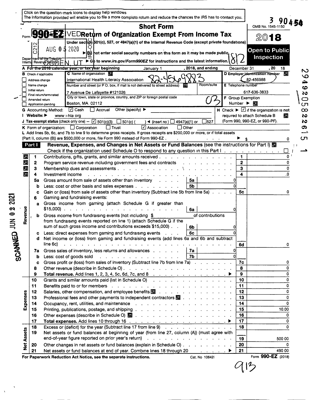 Image of first page of 2018 Form 990EZ for International Health Literacy Association