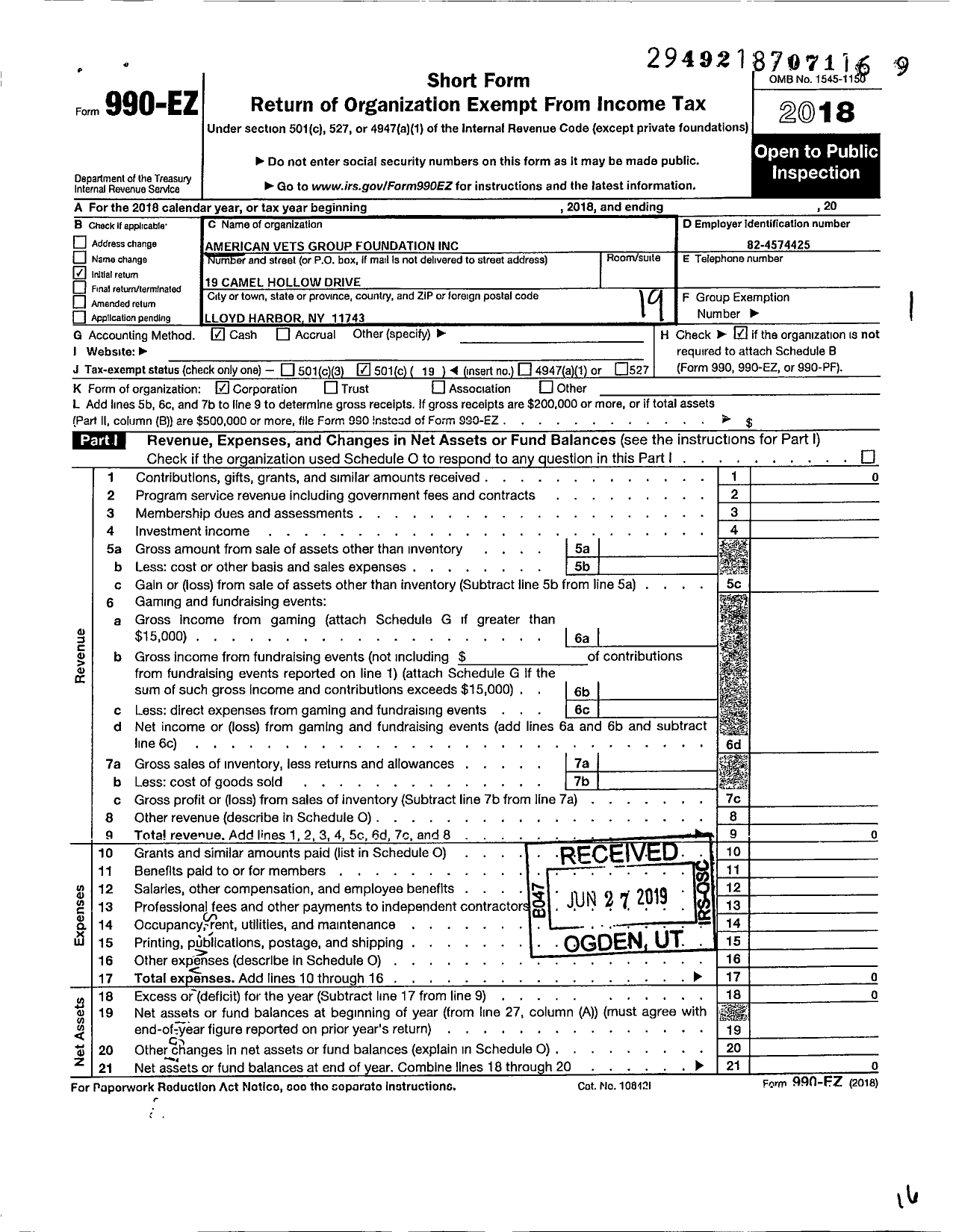 Image of first page of 2018 Form 990EO for American Vets Group Foundation