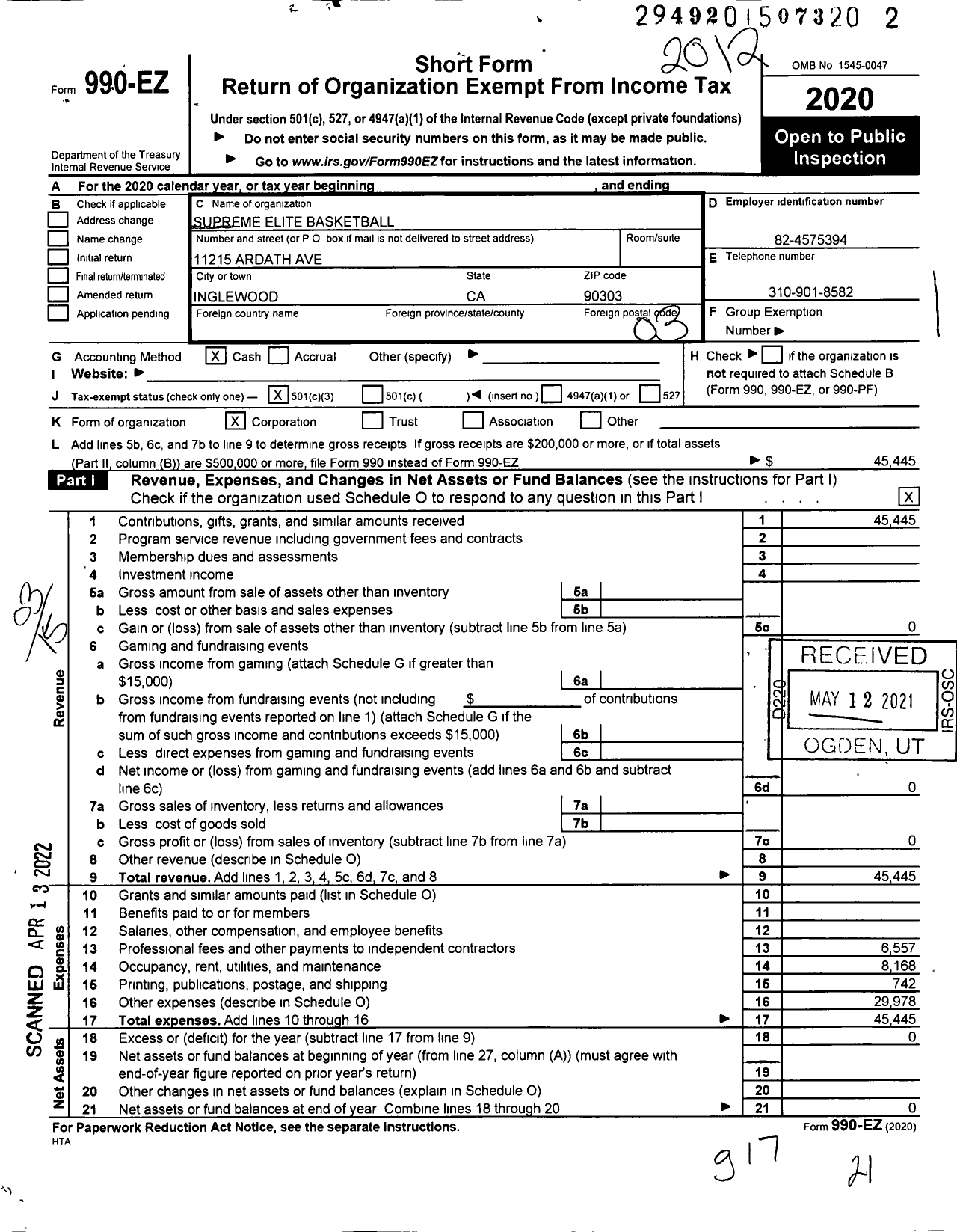 Image of first page of 2020 Form 990EZ for Supreme Elite Basketball