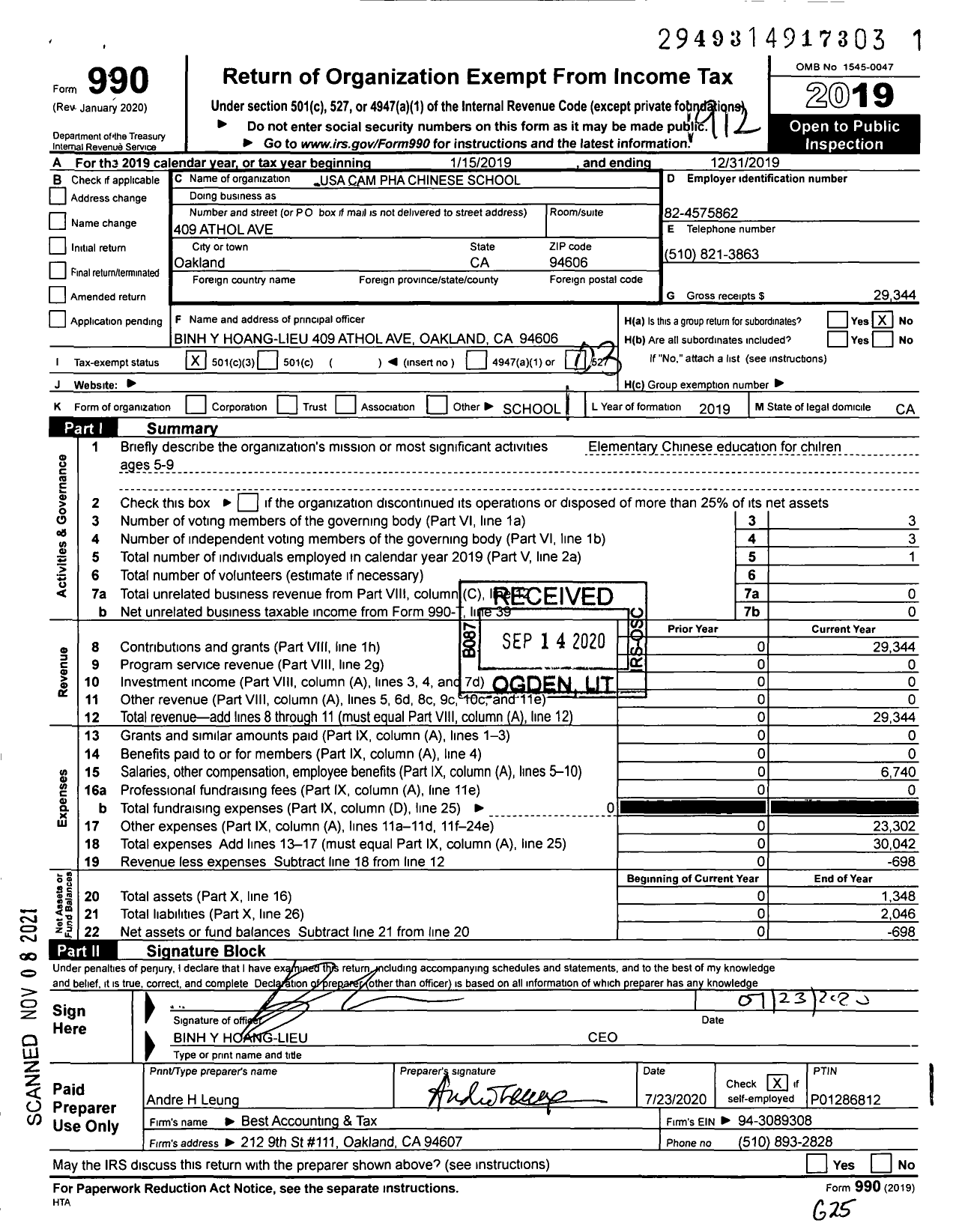 Image of first page of 2019 Form 990 for USA Cam Pha Chinese School