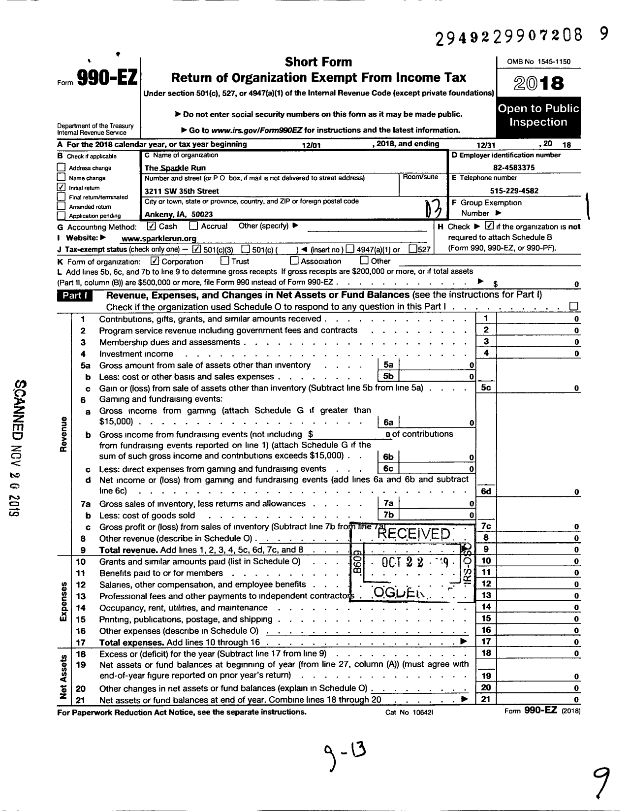 Image of first page of 2018 Form 990EZ for Sparkle Run