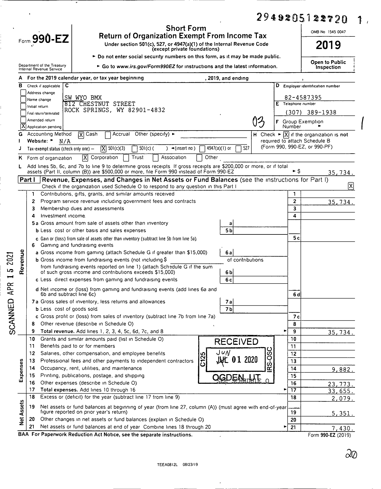 Image of first page of 2019 Form 990EZ for SW Wyo BMX