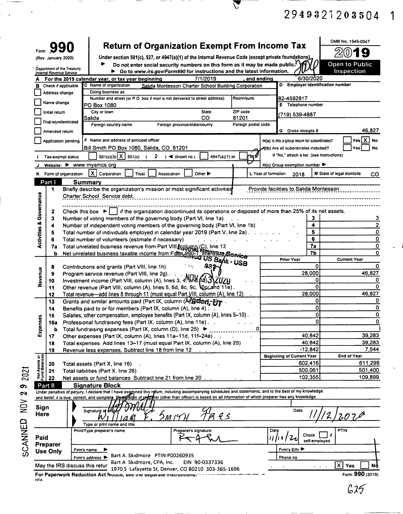 Image of first page of 2019 Form 990O for Salida Montessori Charter School Building Corporation