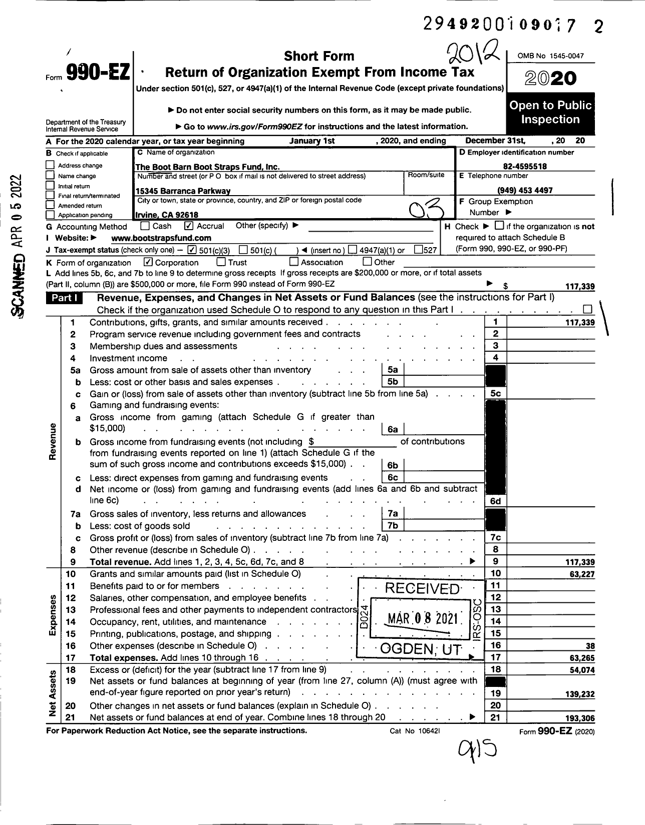 Image of first page of 2020 Form 990EZ for Boot Barn Boot Straps Fund