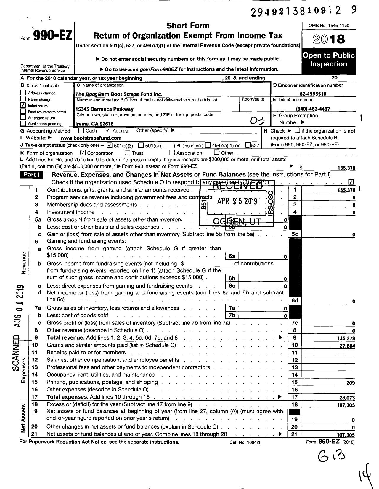 Image of first page of 2018 Form 990EZ for Boot Barn Boot Straps Fund