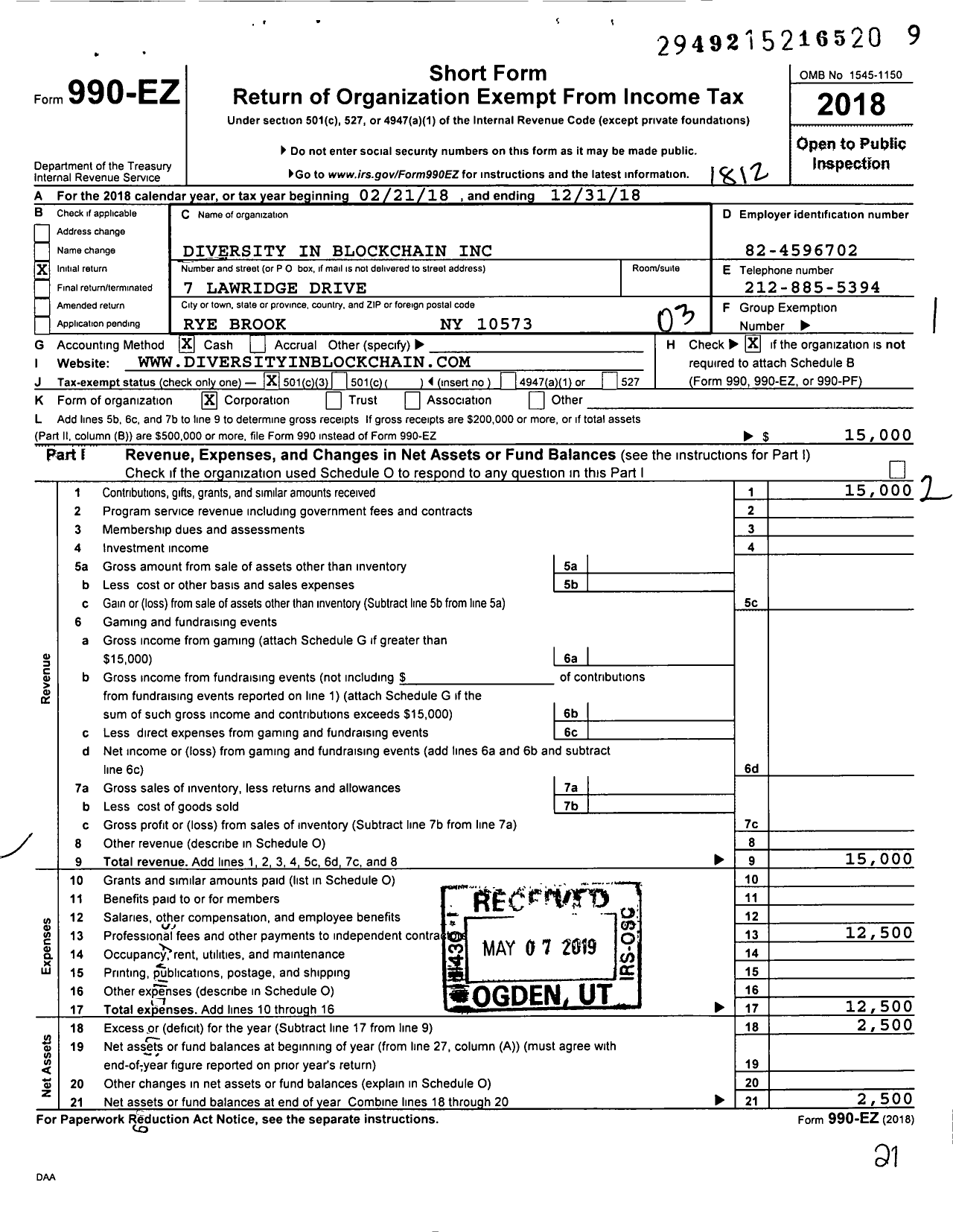 Image of first page of 2018 Form 990EZ for Diversity in Blockchain