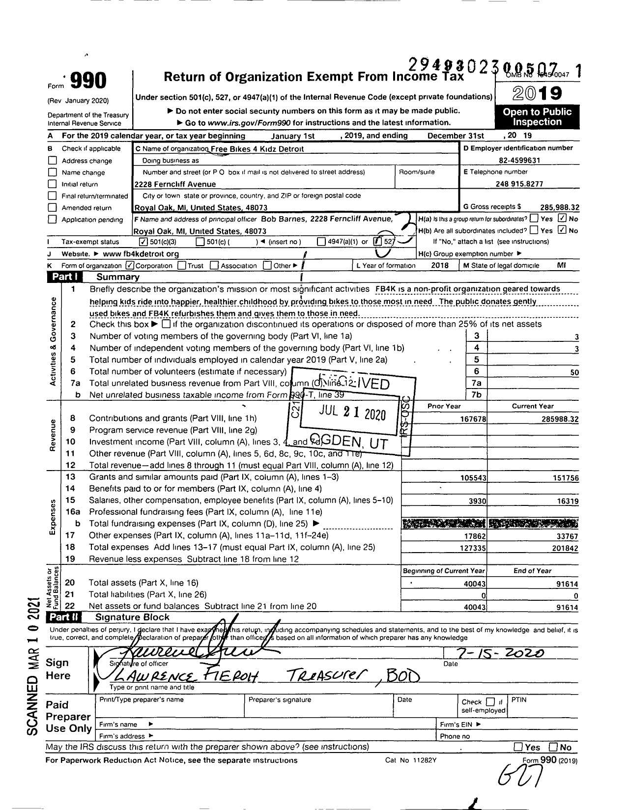 Image of first page of 2019 Form 990 for Free Bikes 4 Kidz - Detroit