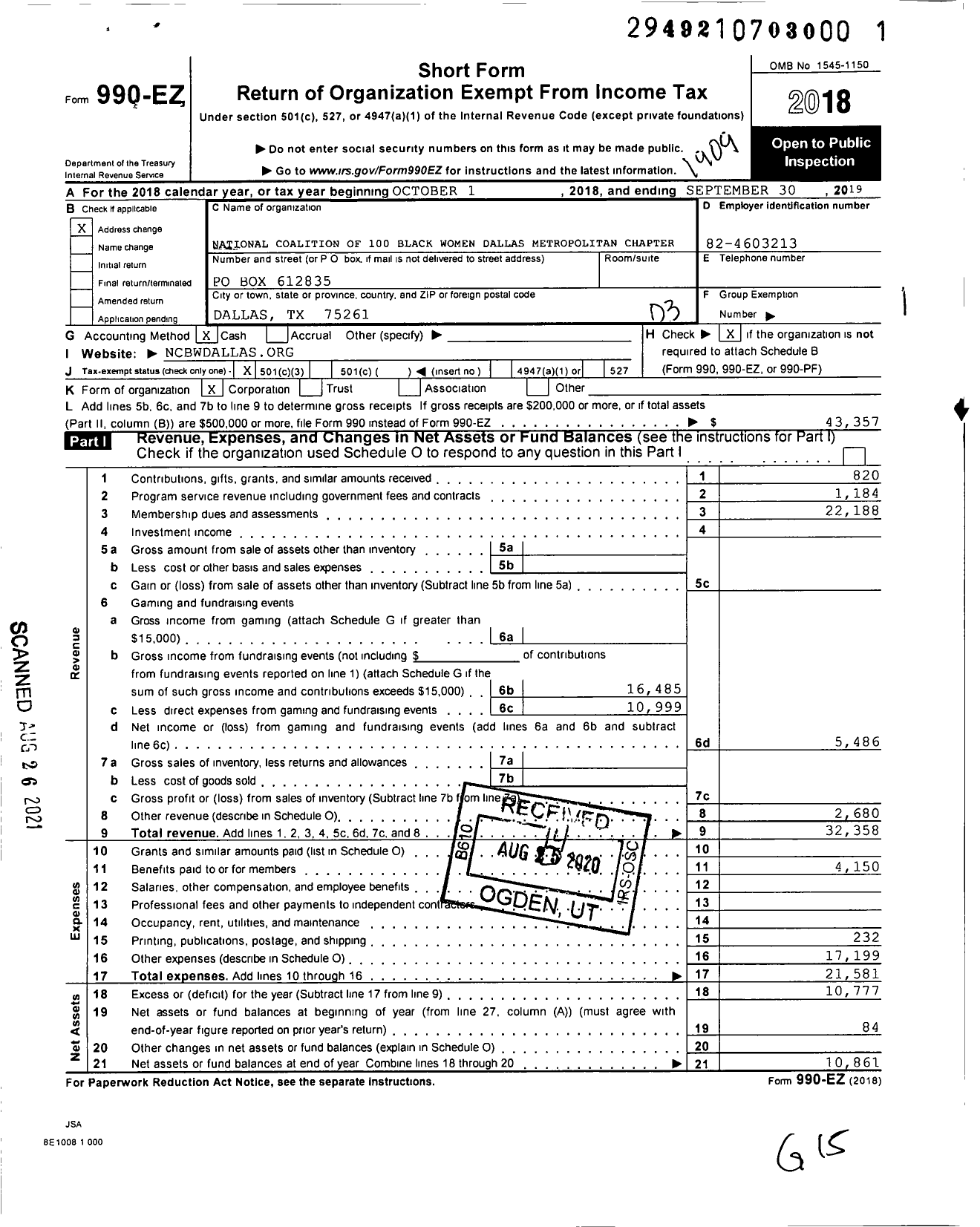 Image of first page of 2018 Form 990EZ for Dallas Metropolitan Chapter