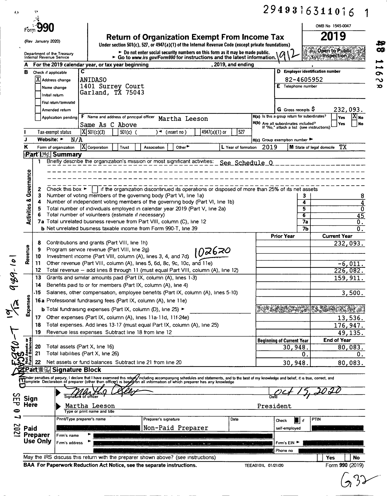 Image of first page of 2019 Form 990 for Anidaso