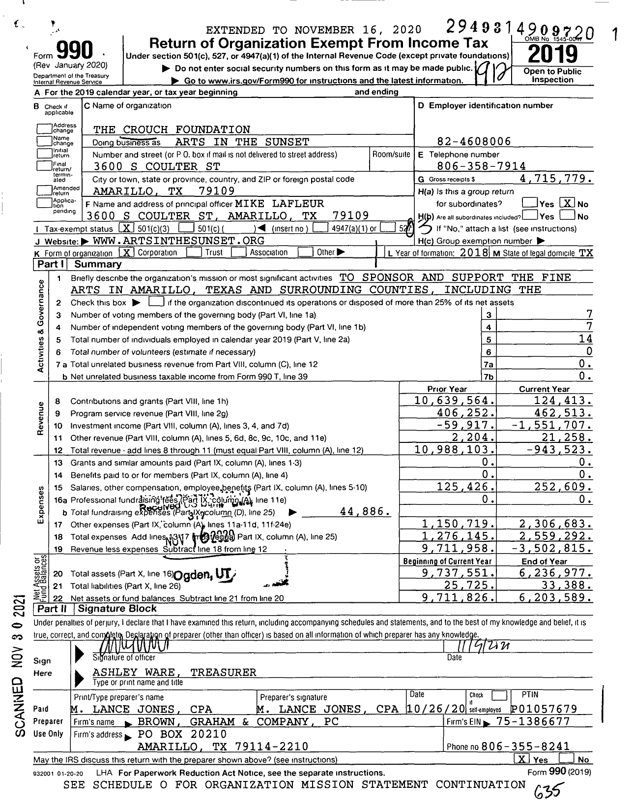 Image of first page of 2019 Form 990 for Arts in the Sunset