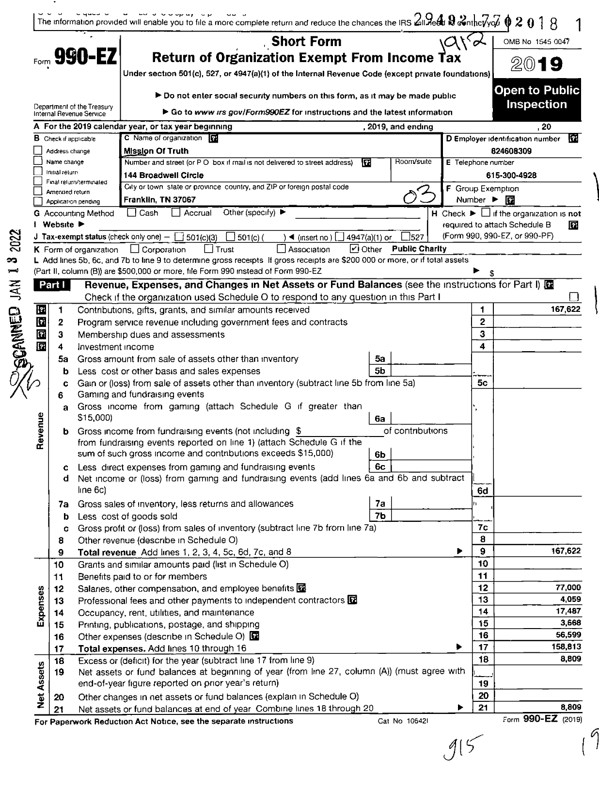 Image of first page of 2019 Form 990EZ for Mission of Truth