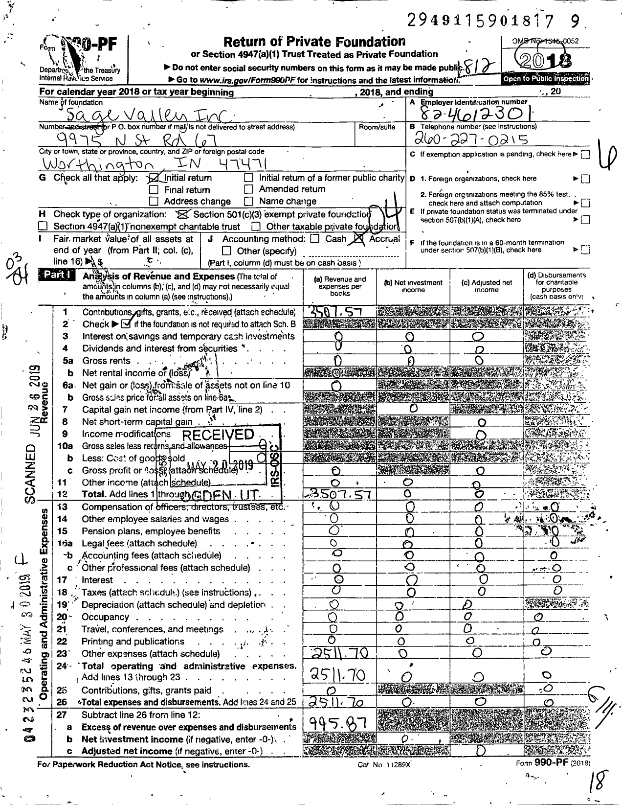 Image of first page of 2018 Form 990PF for Sage Valley