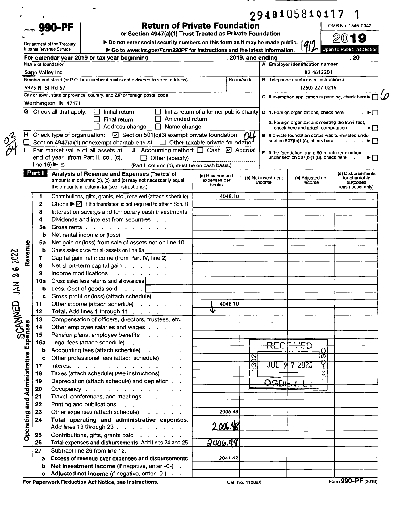 Image of first page of 2019 Form 990PF for Sage Valley