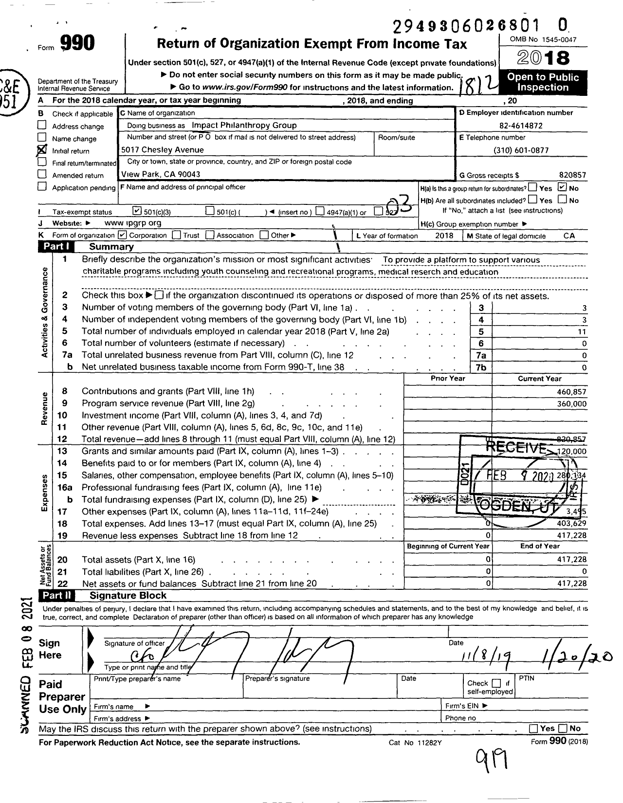 Image of first page of 2018 Form 990 for Impact Philanthropy Group