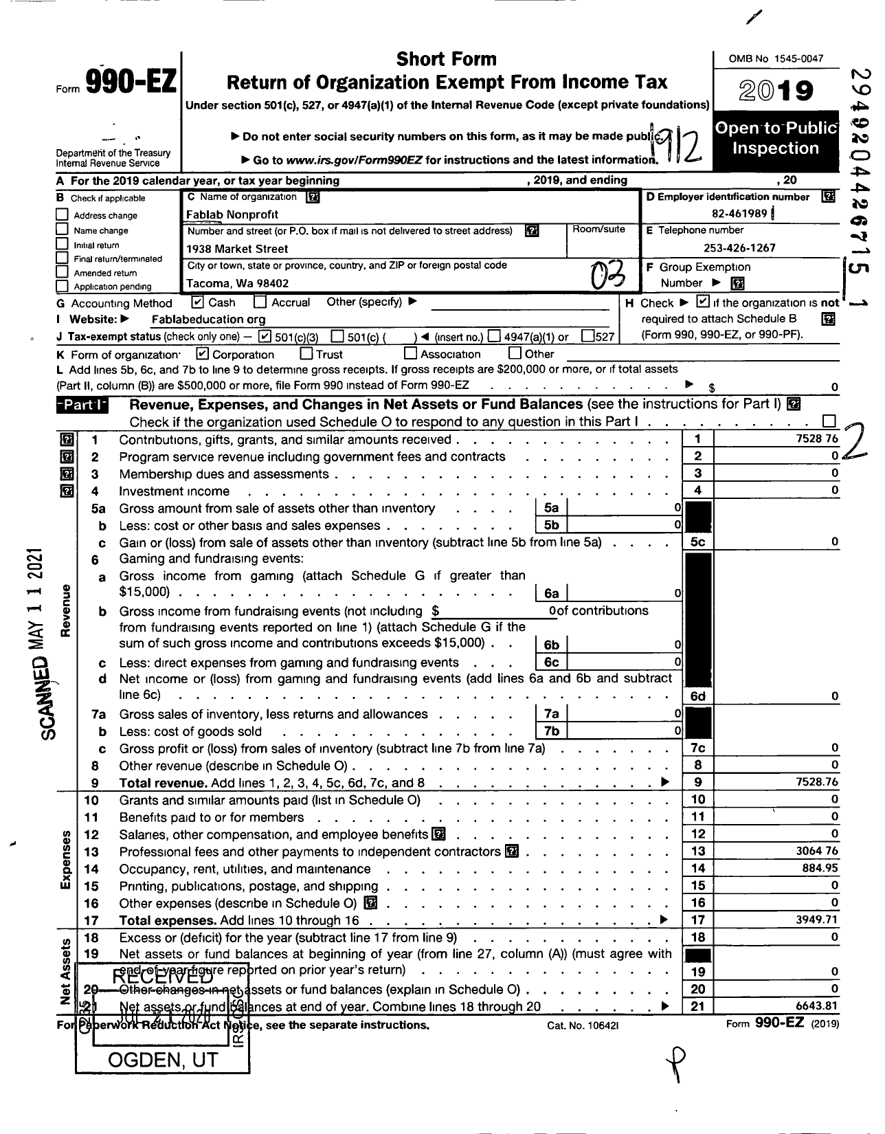 Image of first page of 2019 Form 990EZ for Fablab Nonprofit