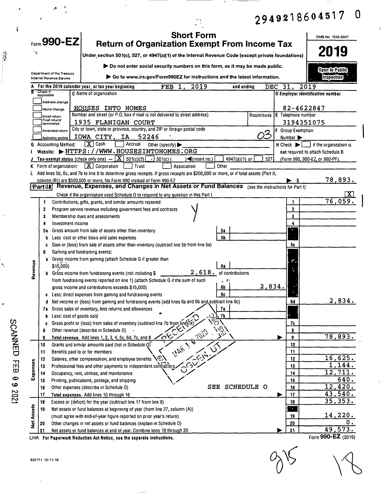 Image of first page of 2019 Form 990EZ for Houses Into Homes