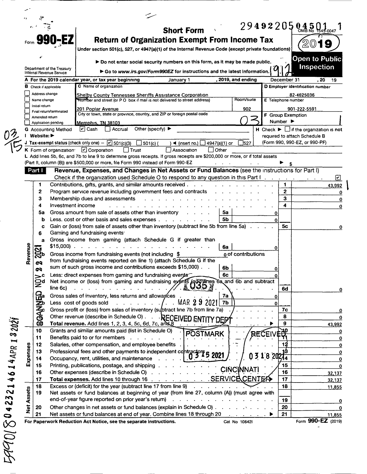 Image of first page of 2019 Form 990EZ for Shelby County TN Assistance Corporation