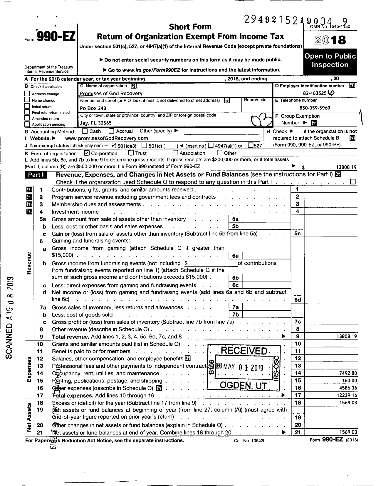 Image of first page of 2018 Form 990EZ for Promises of God Recovery