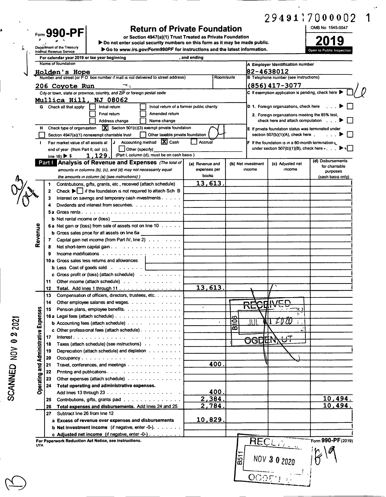 Image of first page of 2019 Form 990PF for Holdens Hope A NJ Non Profit Corporation