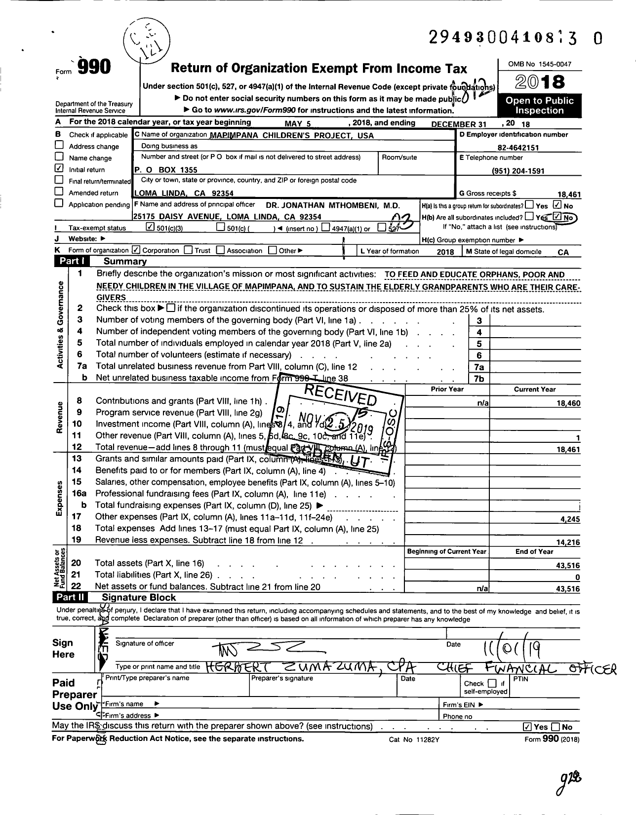 Image of first page of 2018 Form 990 for Mapimpana Children's Project USA