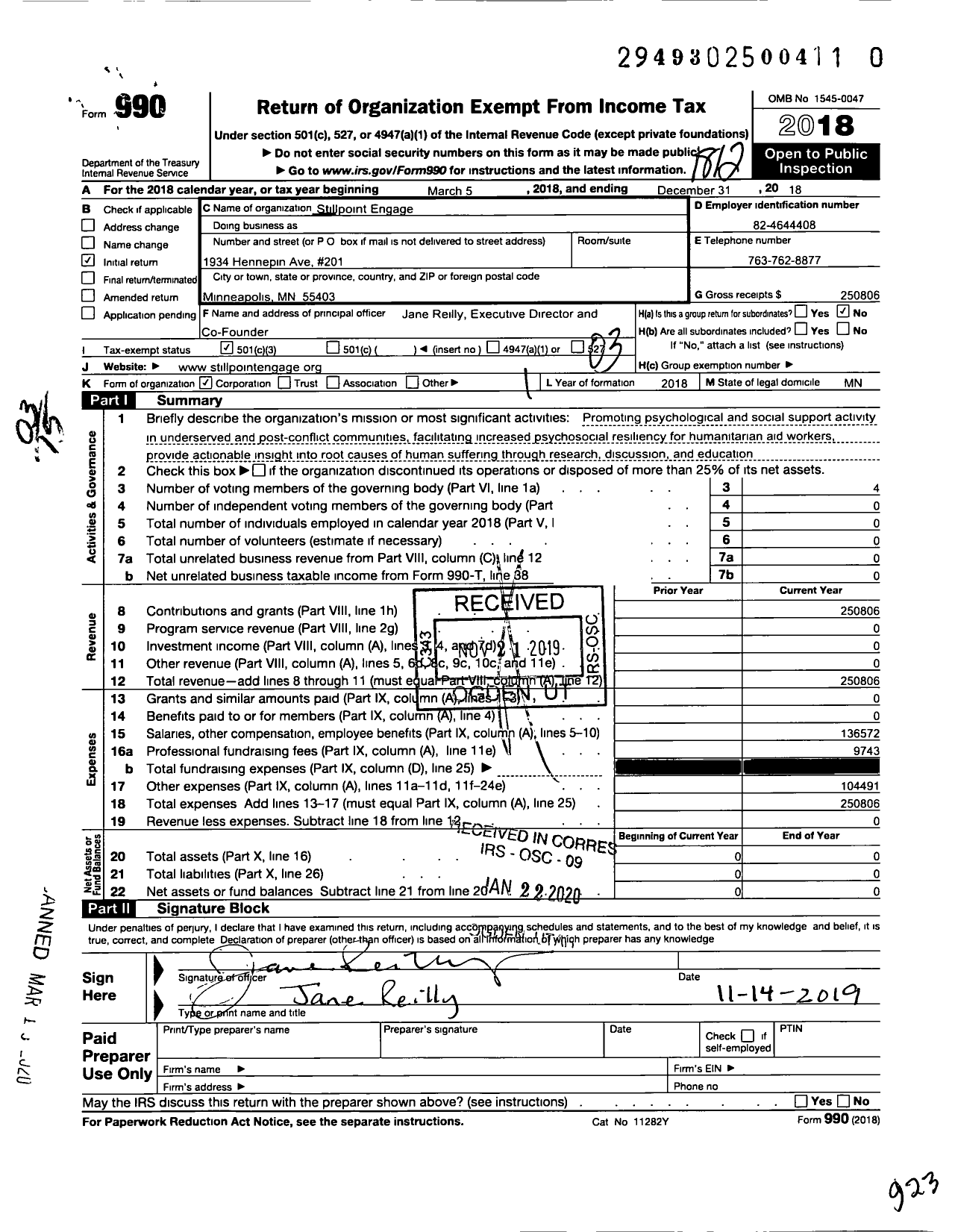 Image of first page of 2018 Form 990 for Stillpoint Engage