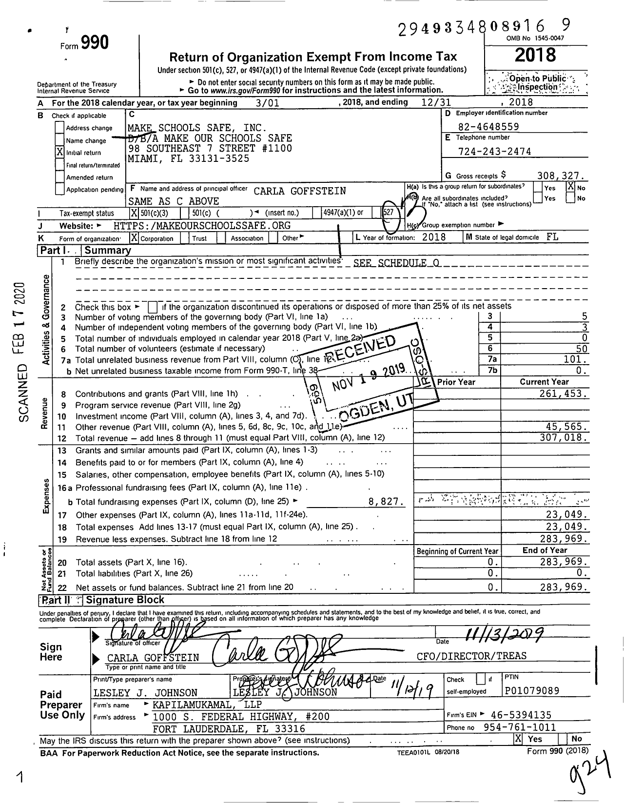 Image of first page of 2018 Form 990 for Make Our Schools Safe