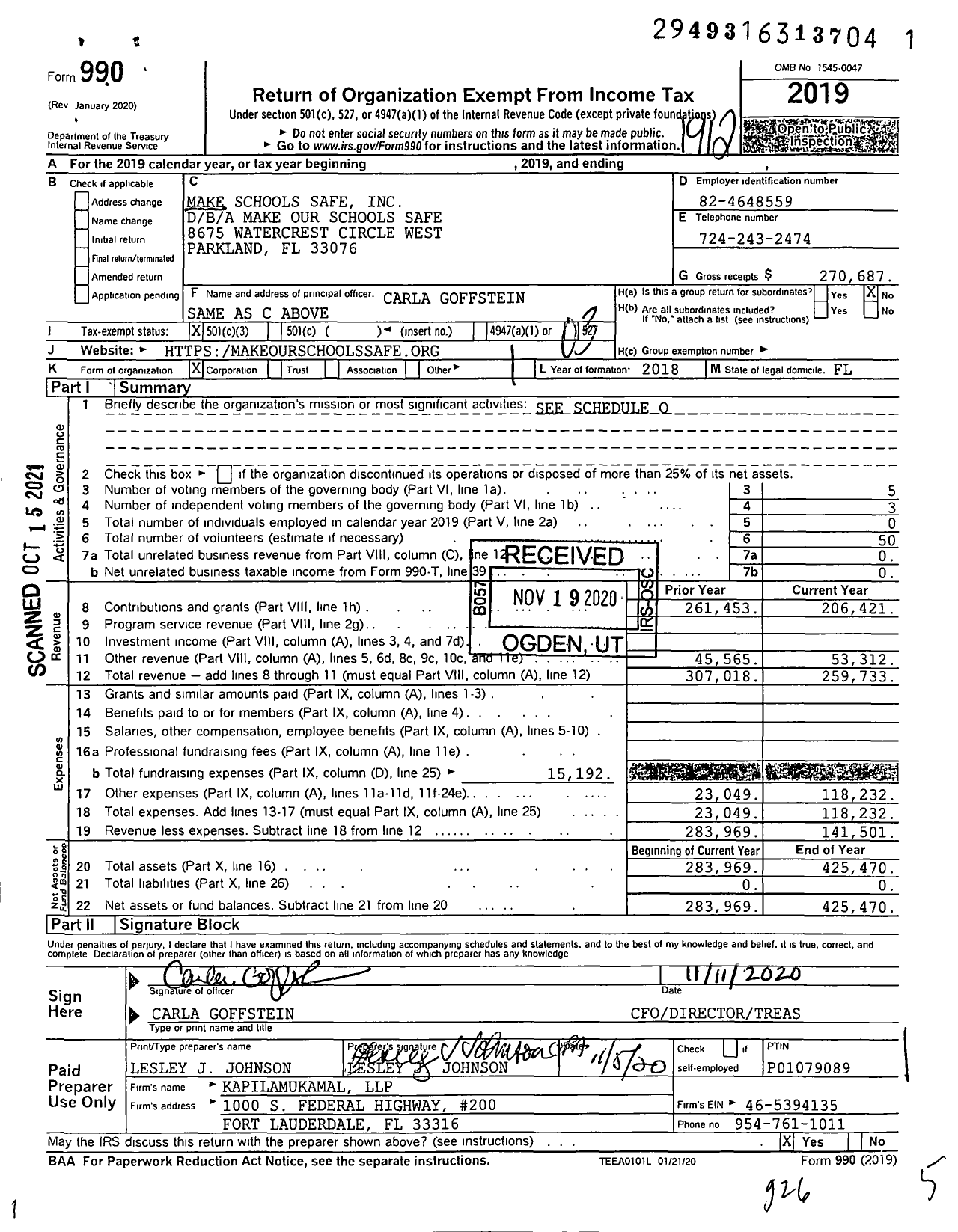 Image of first page of 2019 Form 990 for Make Our Schools Safe