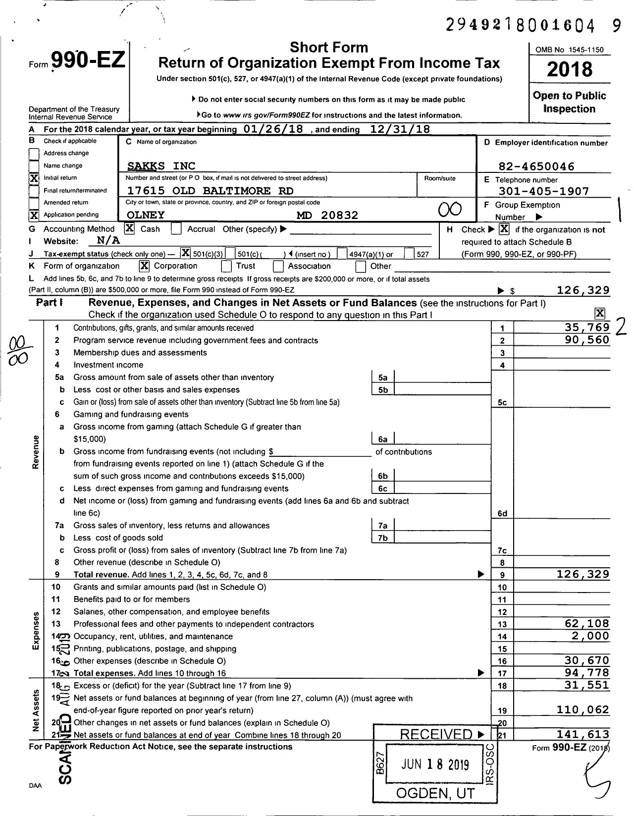 Image of first page of 2018 Form 990EO for Sakks