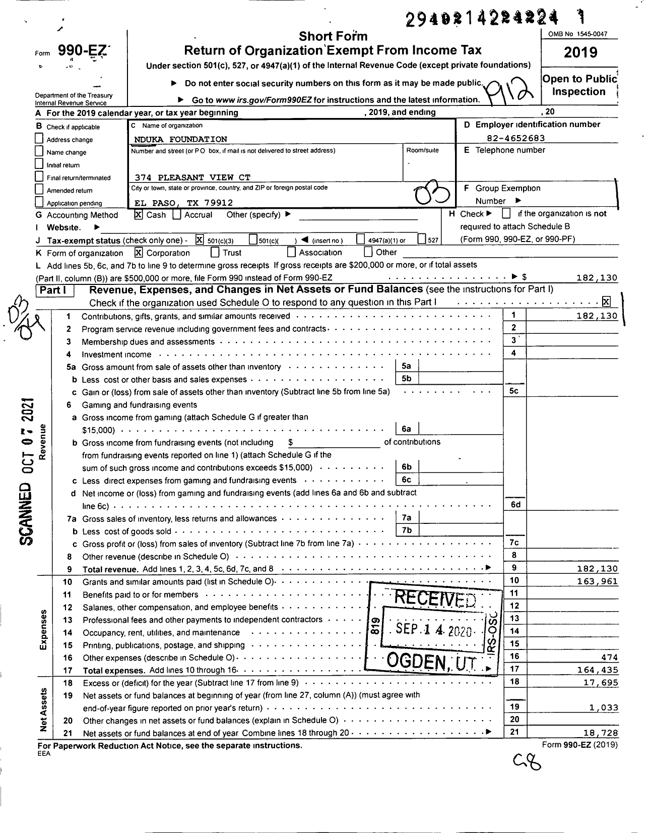 Image of first page of 2019 Form 990EZ for Nduka Foundation