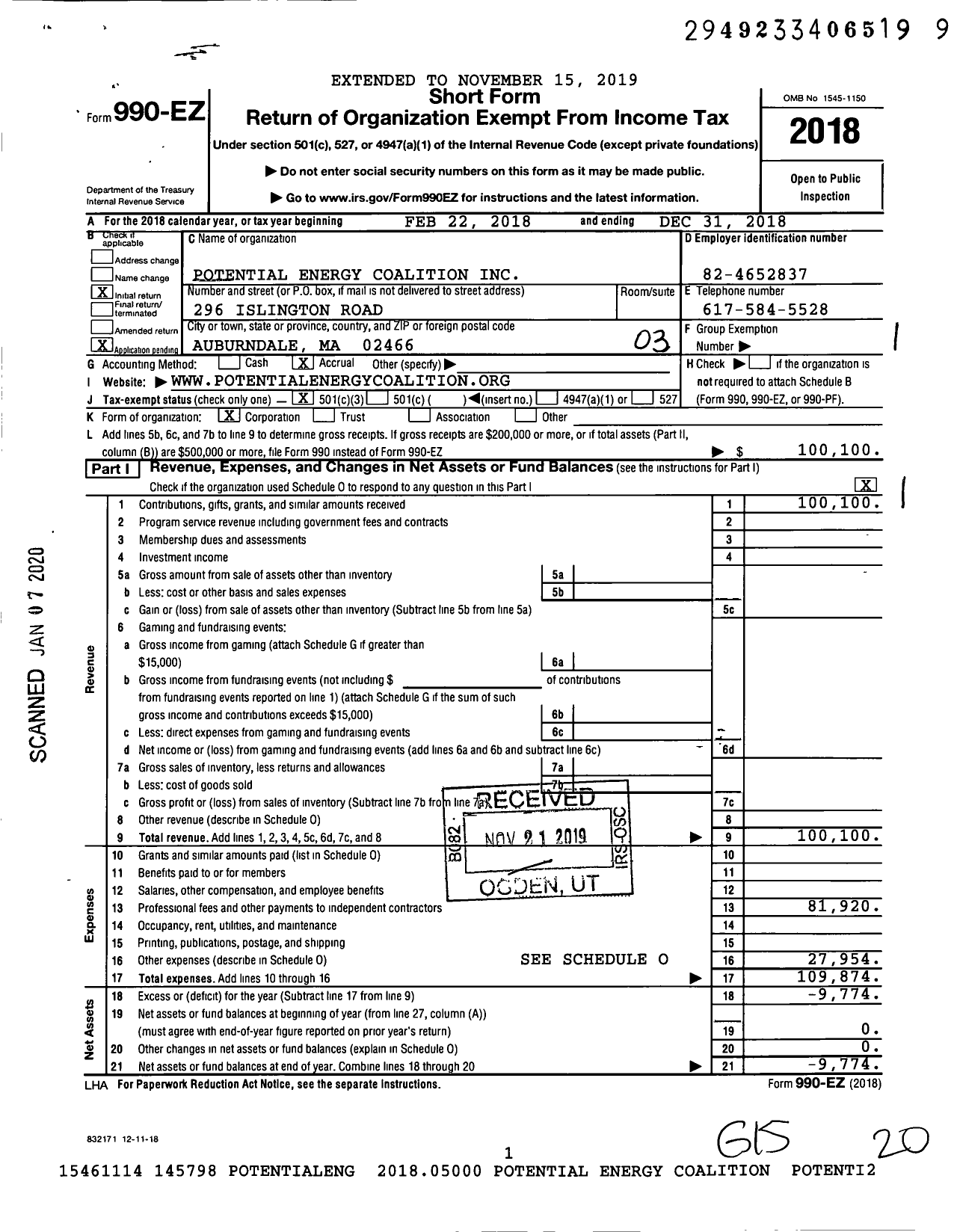 Image of first page of 2018 Form 990EZ for Potential Energy Coalition