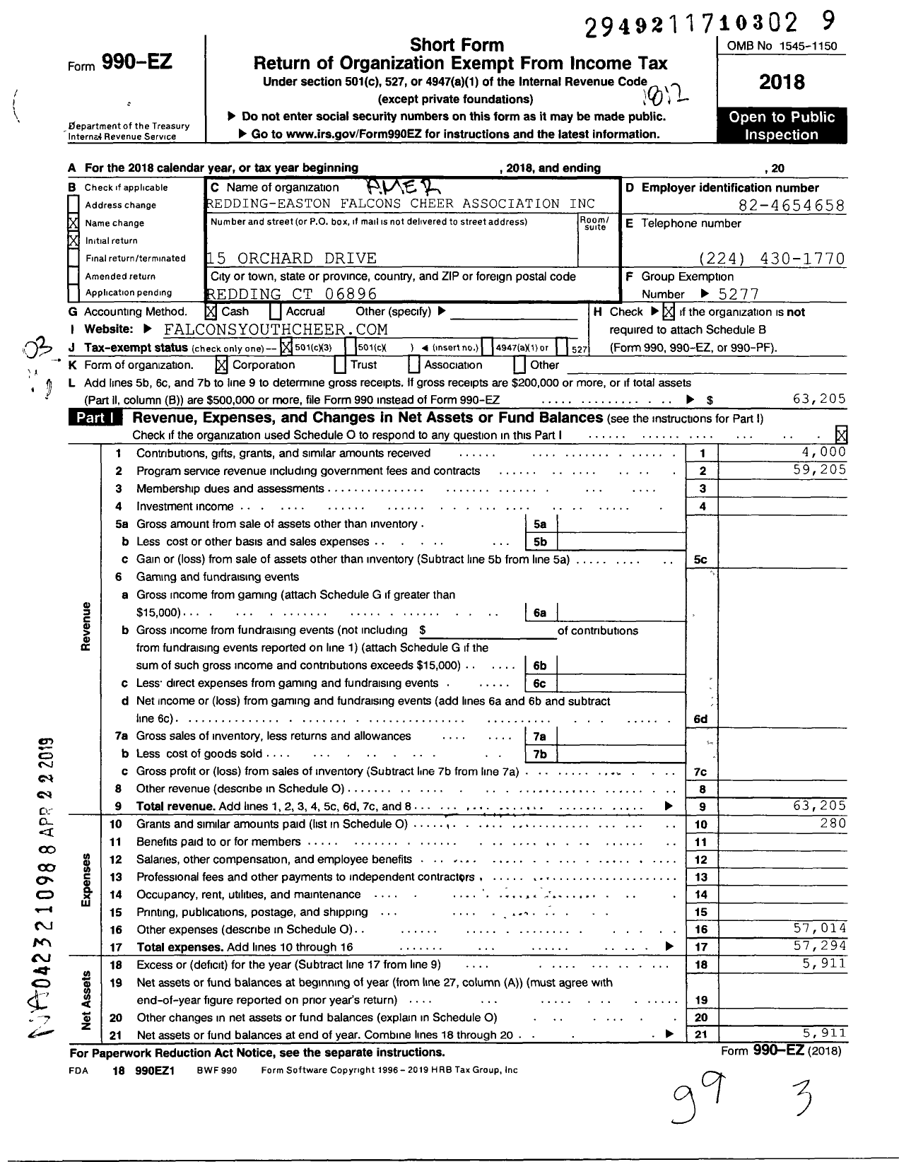 Image of first page of 2018 Form 990EZ for American Youth Football - Redding Easton Falcons Cheer Associ