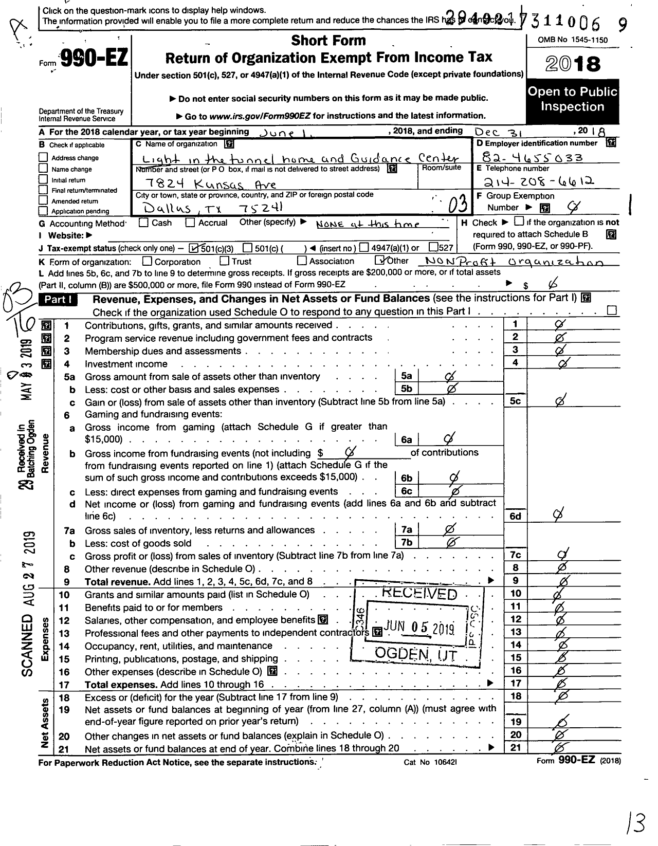 Image of first page of 2018 Form 990EZ for Light in the Tunnel Home and Guidance Center