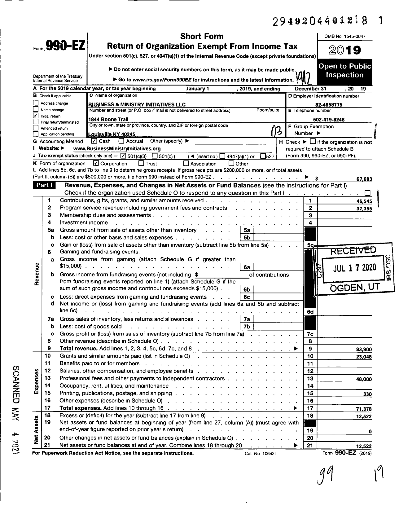 Image of first page of 2019 Form 990EZ for Business and Ministry Initiatives LLC