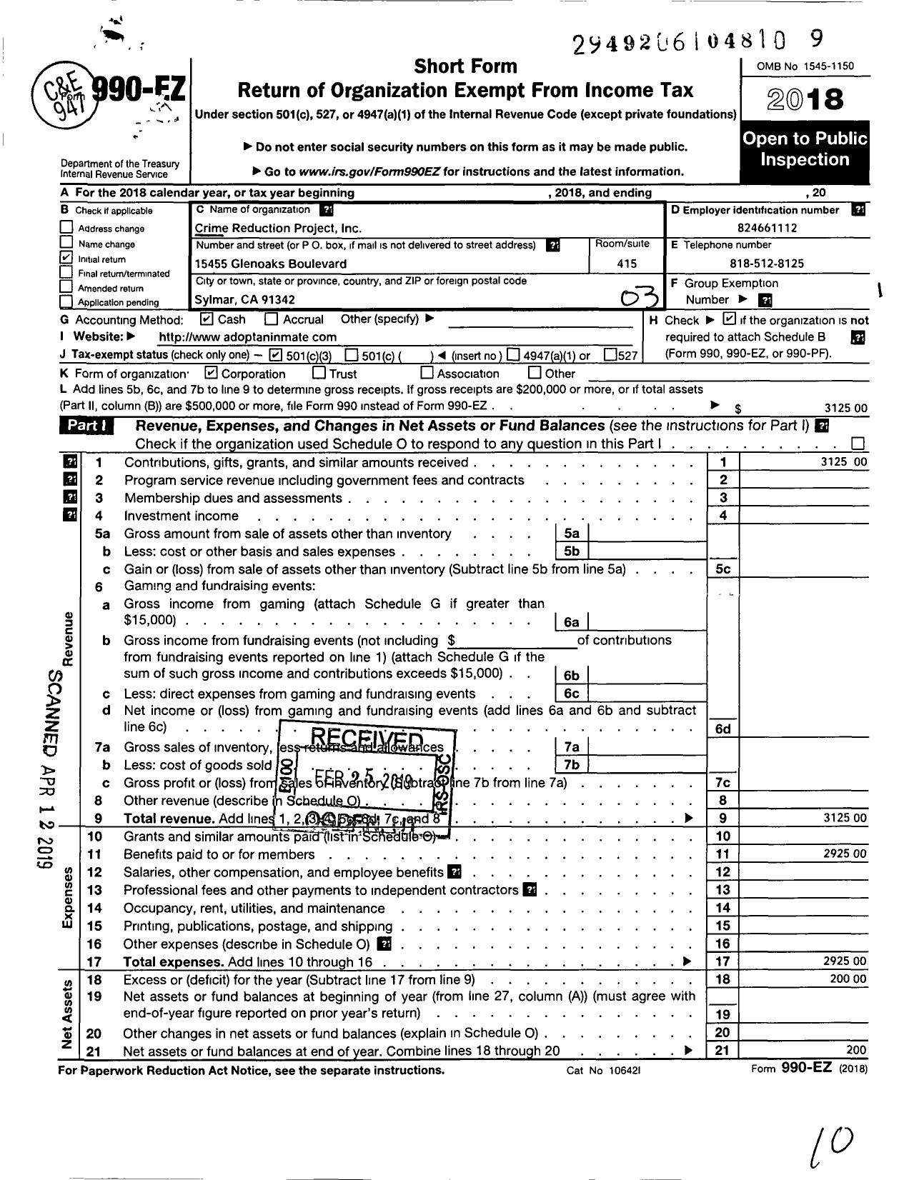 Image of first page of 2018 Form 990EZ for Crime Reduction Project