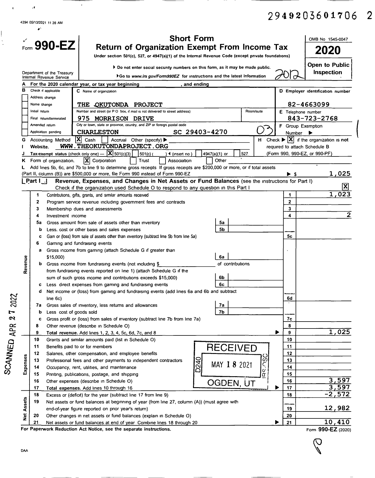 Image of first page of 2020 Form 990EZ for The Okutonda Project